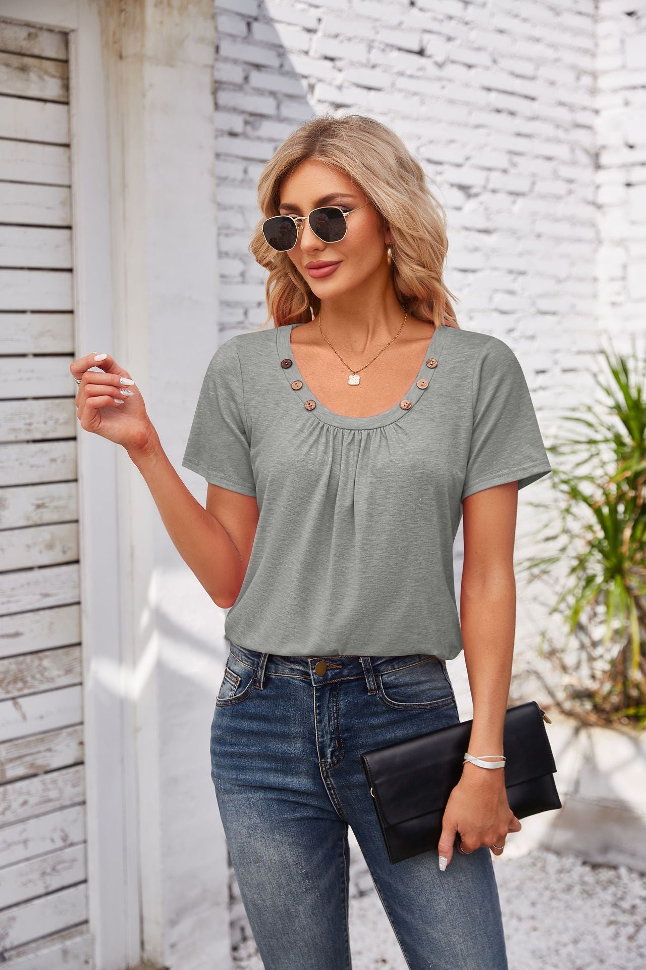 Women's Short-sleeved T-shirt Summer Button Square Collar Pleated Design Solid Color Loose T-shirt Womens Clothing