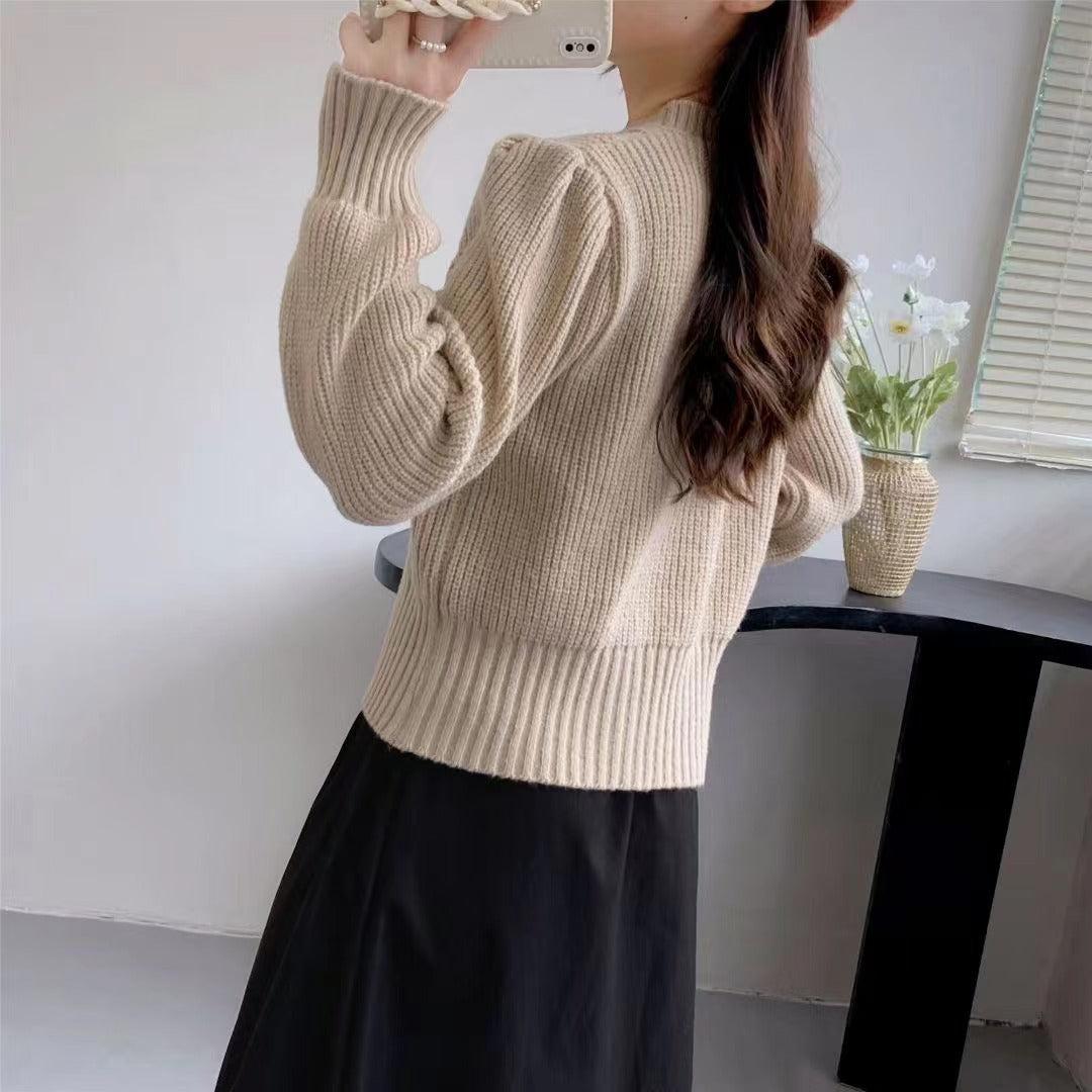 European And American Solid Color Knitwear Autumn Winter Japanese New Round Neck Pullover Lantern Sleeve Cable-knit Sweater