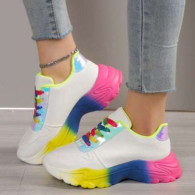 Stil Regenbogenfarbene Sportschuhe für Damen, dicke Sohle, Schnür-Sneakers, modisch, lässig, leichte Lauf- und Wanderschuhe