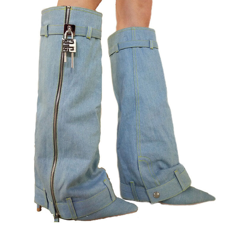 Pointed Toe Fashion Metal Buckle Flanging Zipper High Leg Boot