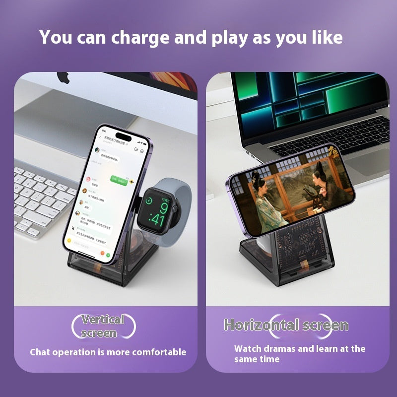 Transparent three-in-one wireless charger electromagnet stand