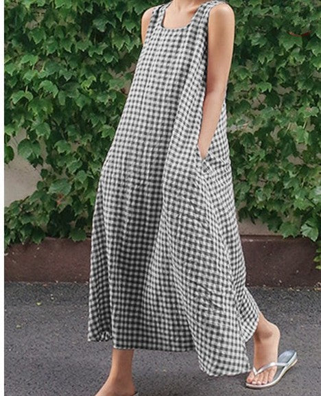 Women's Cotton And Linen Plaid Loose-fitting Casual Sleeveless Large Swing Skirt