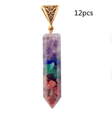 Seven Chakra Natural Crushed Stones Hexagon Column Necklace Aura Pendant