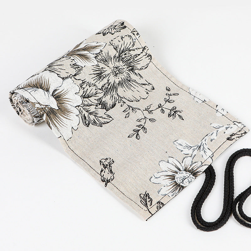 Black Peony Hefeng Printed Canvas Pencil Curtain High Capacity Pencil Roll Bag