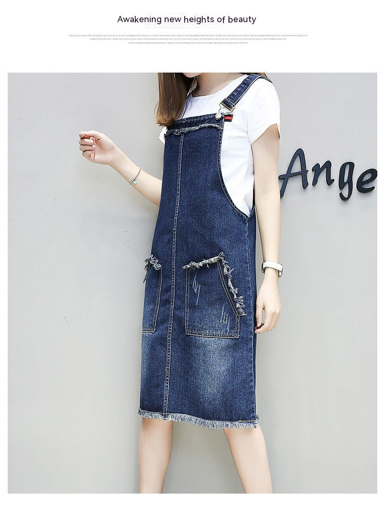 Plus-sized Plus Size Women's Clothing Spring And Summer Slimming Denim Suspender Skirt Slim Fit Dress Fat Sister