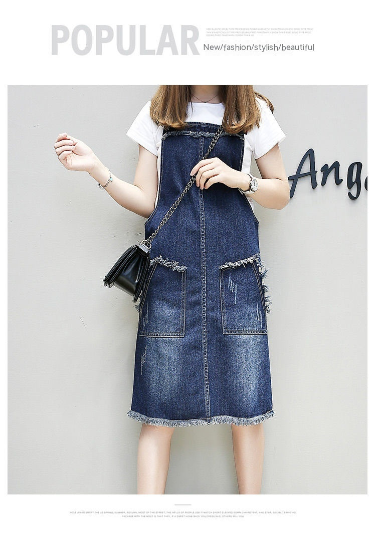 Plus-sized Plus Size Women's Clothing Spring And Summer Slimming Denim Suspender Skirt Slim Fit Dress Fat Sister