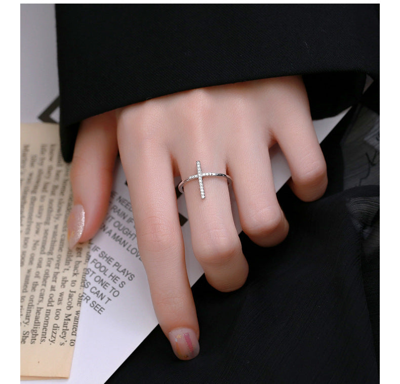 European And American Simple INS Style Cross Open Ring Female 925 Sterling Silver Niche Design