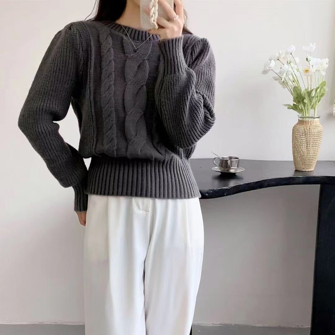 European And American Solid Color Knitwear Autumn Winter Japanese New Round Neck Pullover Lantern Sleeve Cable-knit Sweater