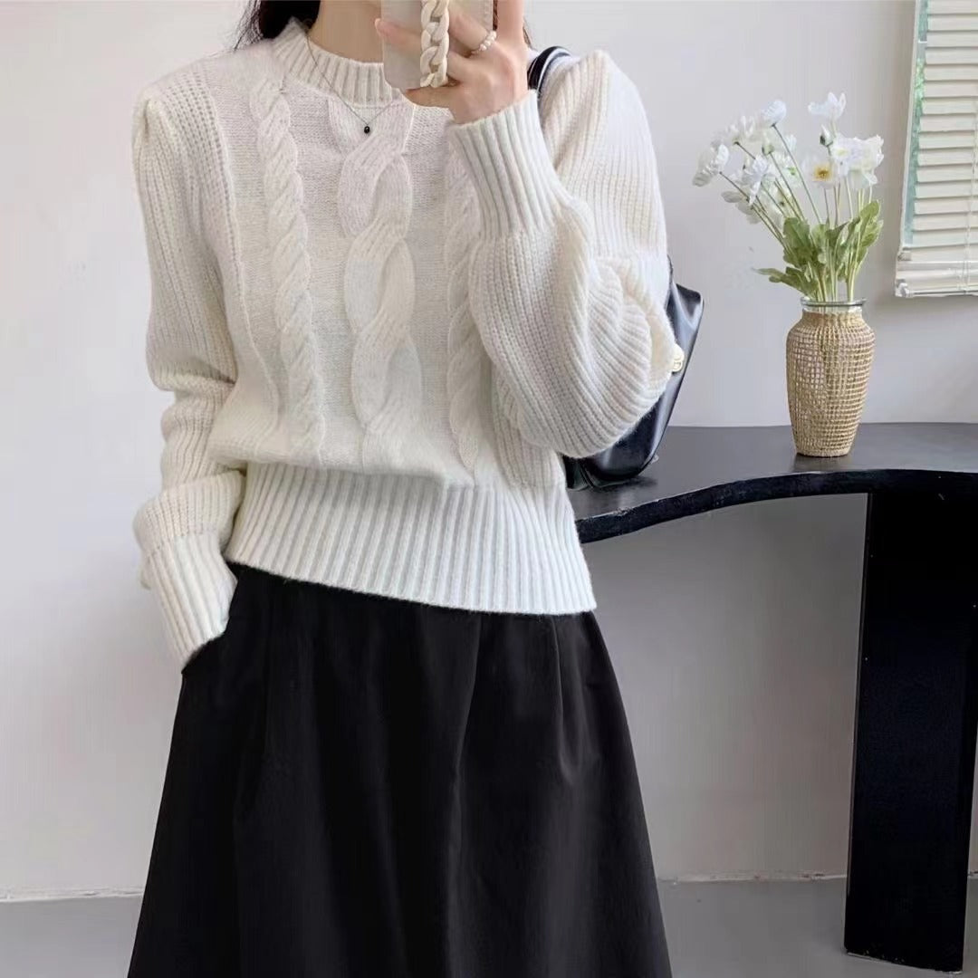 European And American Solid Color Knitwear Autumn Winter Japanese New Round Neck Pullover Lantern Sleeve Cable-knit Sweater