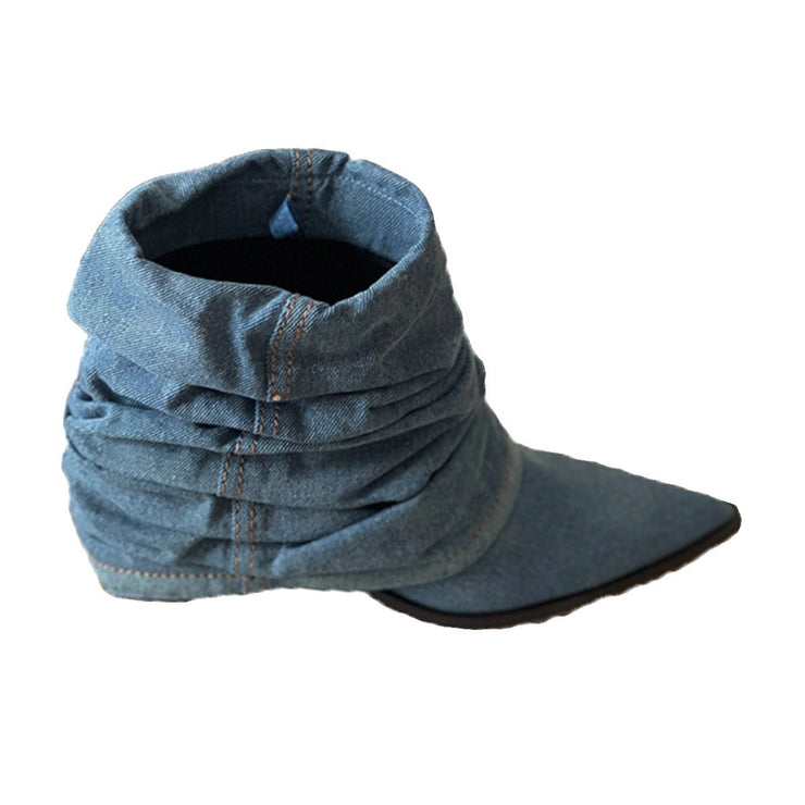 Verdickte und modische kurze Stiefel aus plissiertem Denim für Damen