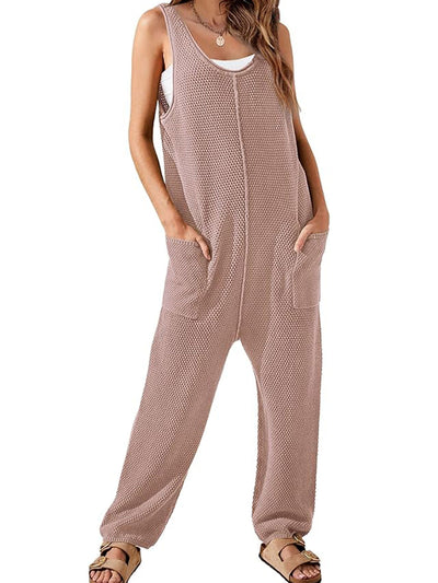 Damen-Jumpsuit mit Waffelmuster, lässig, locker, ärmellos, V-Ausschnitt, Overall mit Doppeltasche, Cargohose