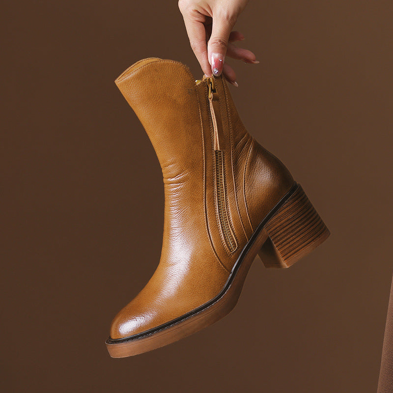 Brown ankle boots with thick heel in British style