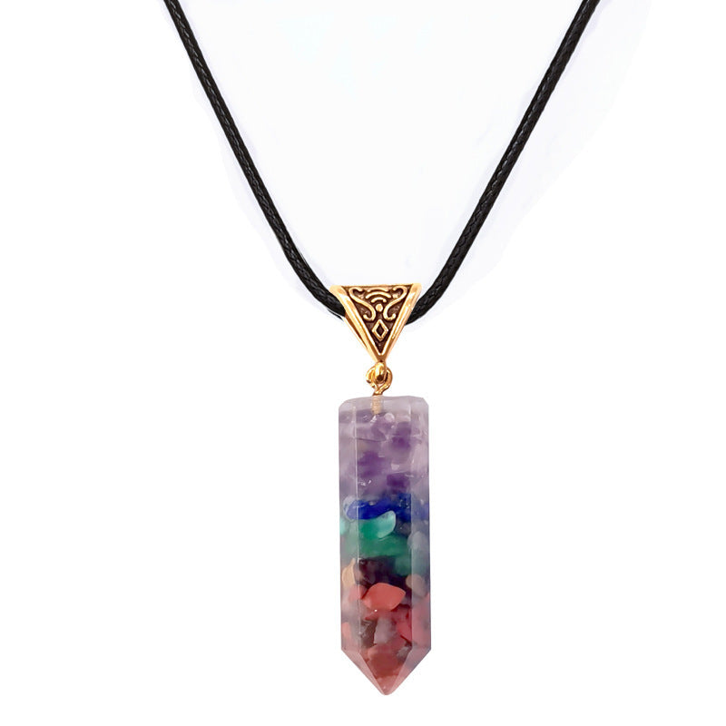 Seven Chakra Natural Crushed Stones Hexagon Column Necklace Aura Pendant