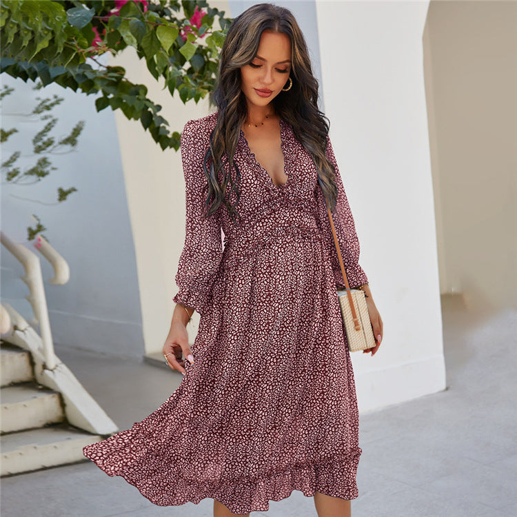 Printed Women's V-neck Stitching Long-sleeved Midi Dress