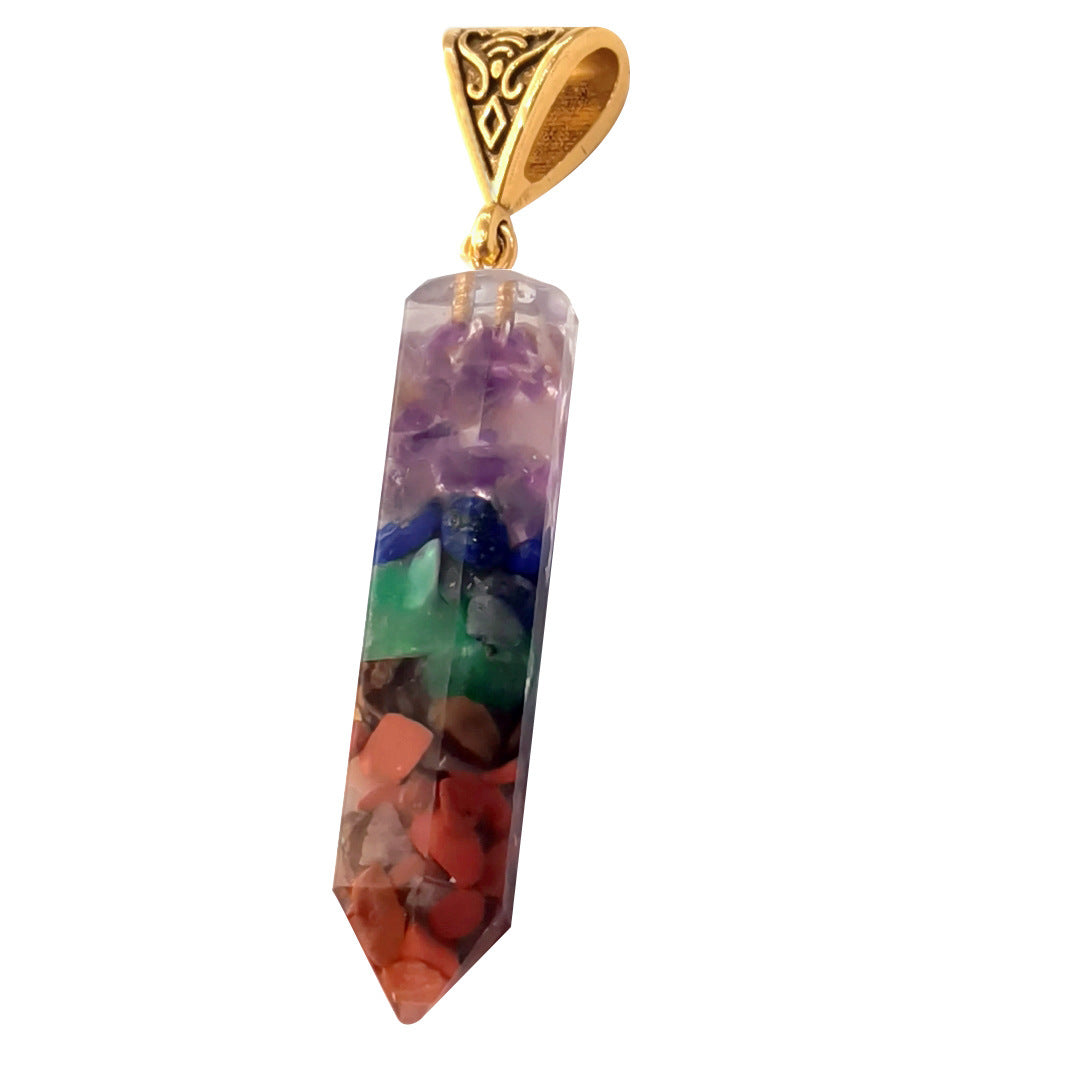 Seven Chakra Natural Crushed Stones Hexagon Column Necklace Aura Pendant