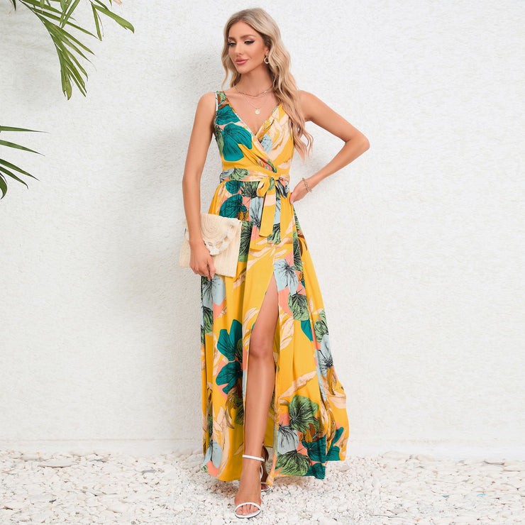 Langes Kleid mit V-Ausschnitt und Blumendruck, Sommermode, Taillenschnürung, Schlitzdesign, ärmelloses Kleid für Damenbekleidung