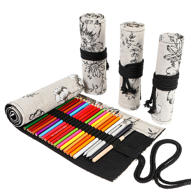 Black Peony Hefeng Printed Canvas Pencil Curtain High Capacity Pencil Roll Bag