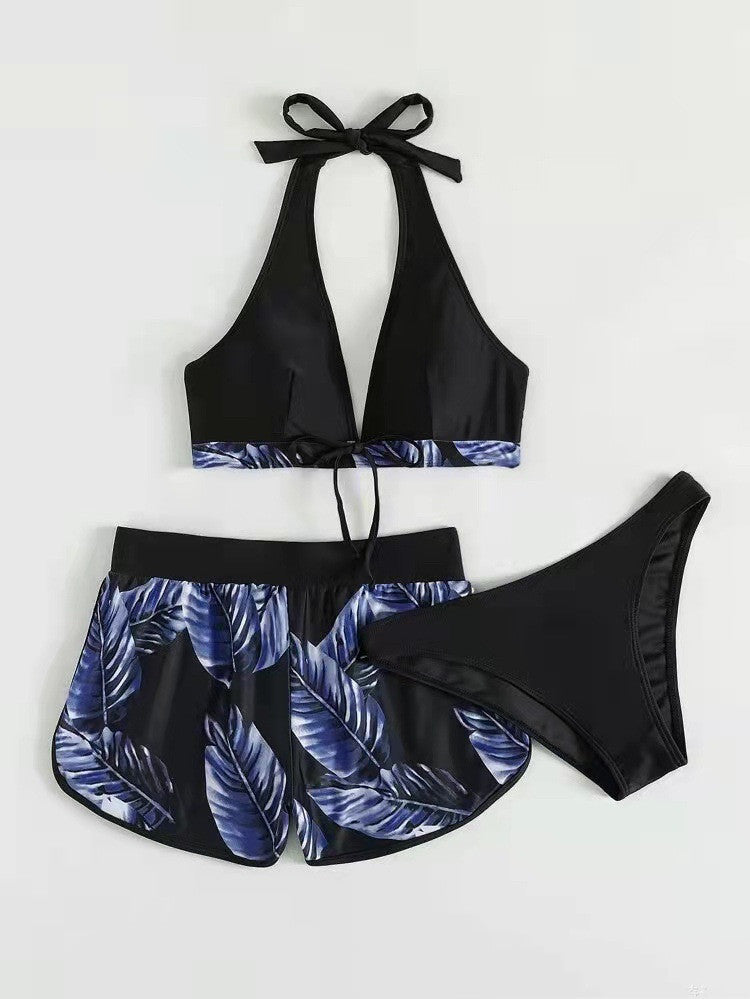 Fashionable 3-piece leaf print bikini set with shorts