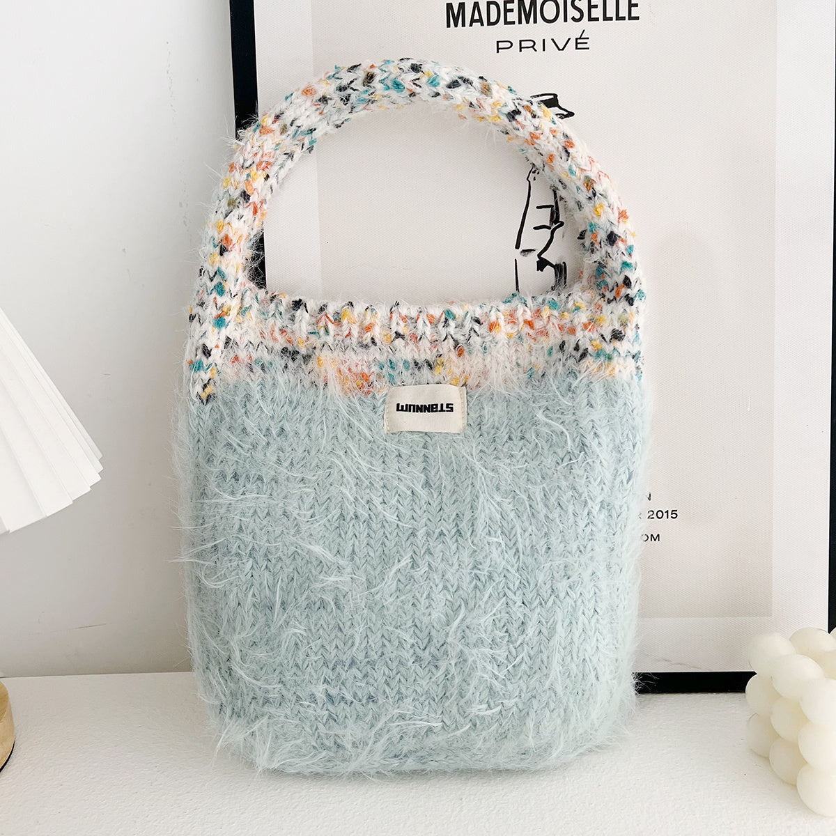 Maillard color fur bag Exquisite cute portable Korean style new contrast color knitted all-matching