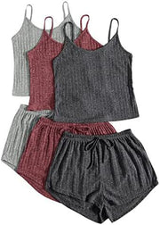 Damen Rippenstrick Crop-Top Spaghettiträger Schnürshorts Set