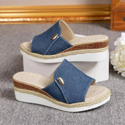 Denim Canvas Wedges Sandalen Mode Hanf High Heel Dicke Unterseite Fischmaul Schuhe für Frauen