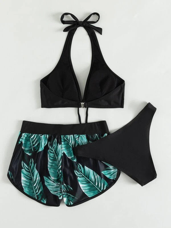 Modisches 3-teiliges Bikini-Set mit Blattmuster und Shorts