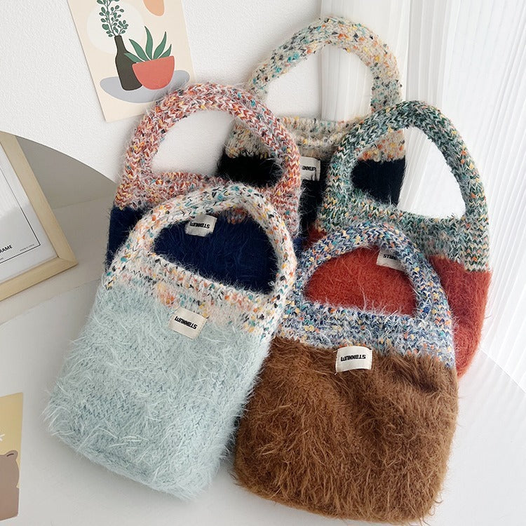 Maillard color fur bag Exquisite cute portable Korean style new contrast color knitted all-matching