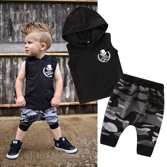 Toddler Kids Baby Boys Sleeveless Hoodie Clothes T-Shirt Tops Camo Pants Outfits 2pcs