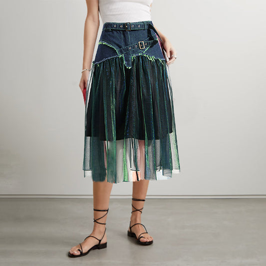 Denim Nähte Bunte Mesh Rock  Hohe Taille A-Linie