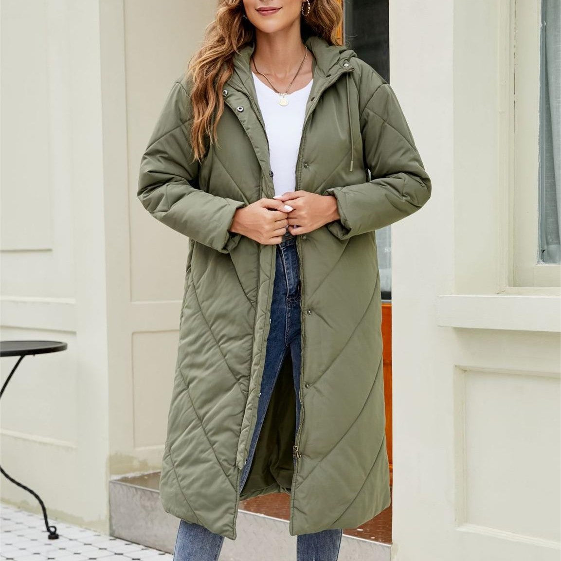 Solid Color Hooded Cotton Jacket Long Sleeve Zipper Coat For Women