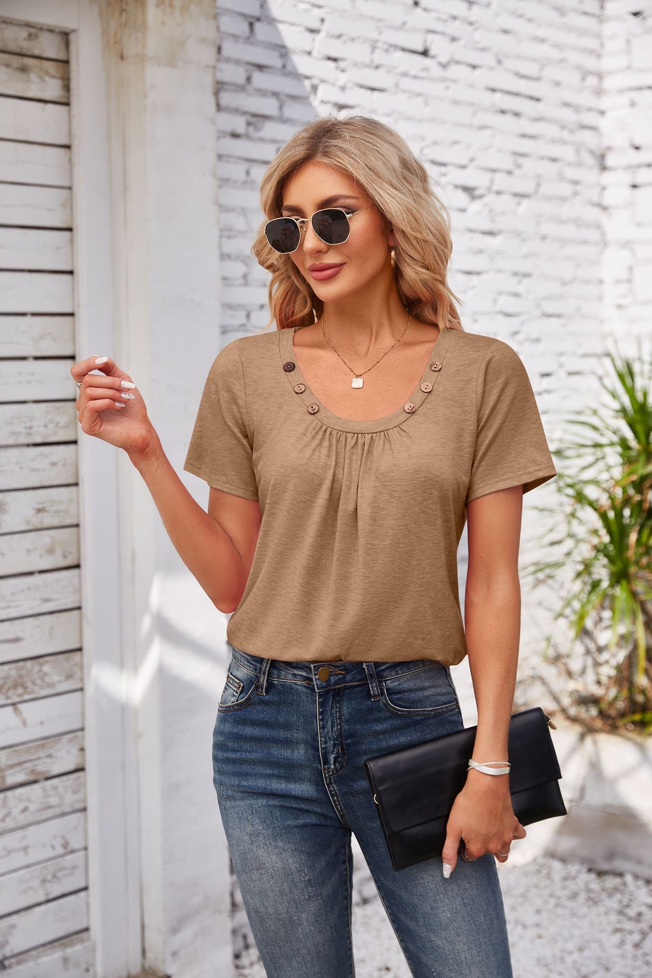 Women's Short-sleeved T-shirt Summer Button Square Collar Pleated Design Solid Color Loose T-shirt Womens Clothing