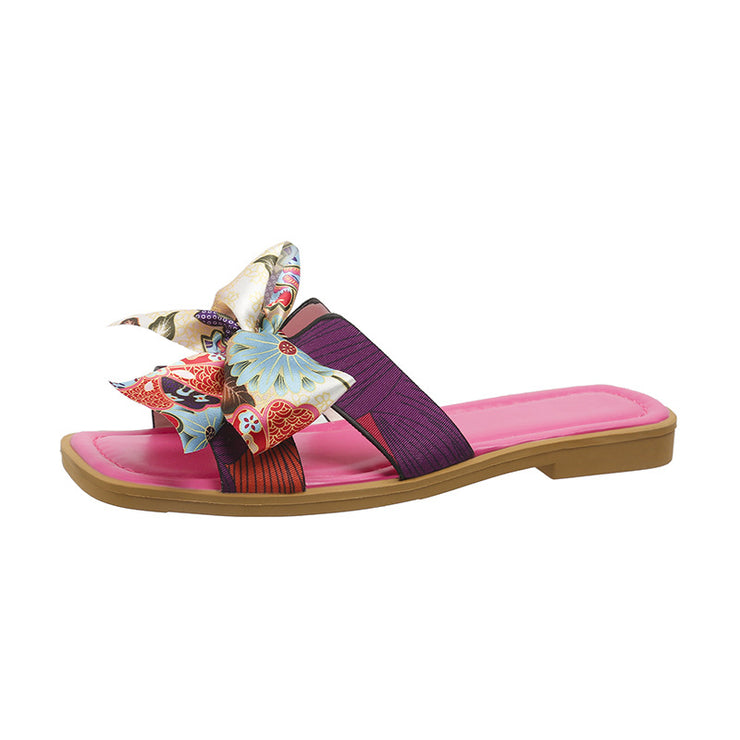 Sandalen mit Schleife, Sommer, neue Sandale mit quadratischer Zehenpartie und niedrigem Absatz für Frauen, Slides, modische, lässige Strandschuhe