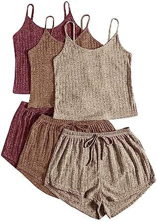 Damen Rippenstrick Crop-Top Spaghettiträger Schnürshorts Set