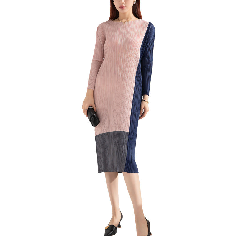 Fashion Colorblock Loose Plus Size Crew Neck Long Sleeve Straight Underwear Midi Dress