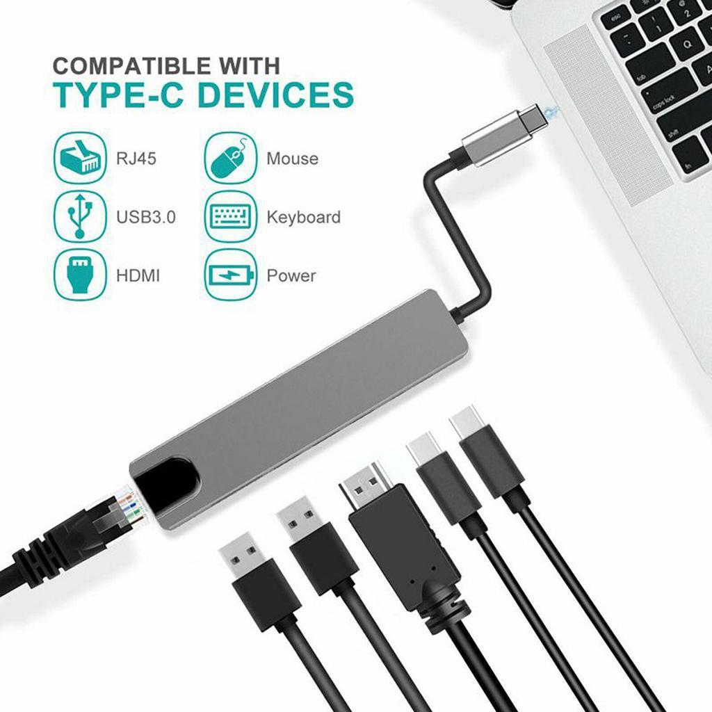 Type C To HDMI USB 3.0 PD 6 In 1 HUB Hub Rj45 Network Card Adapter