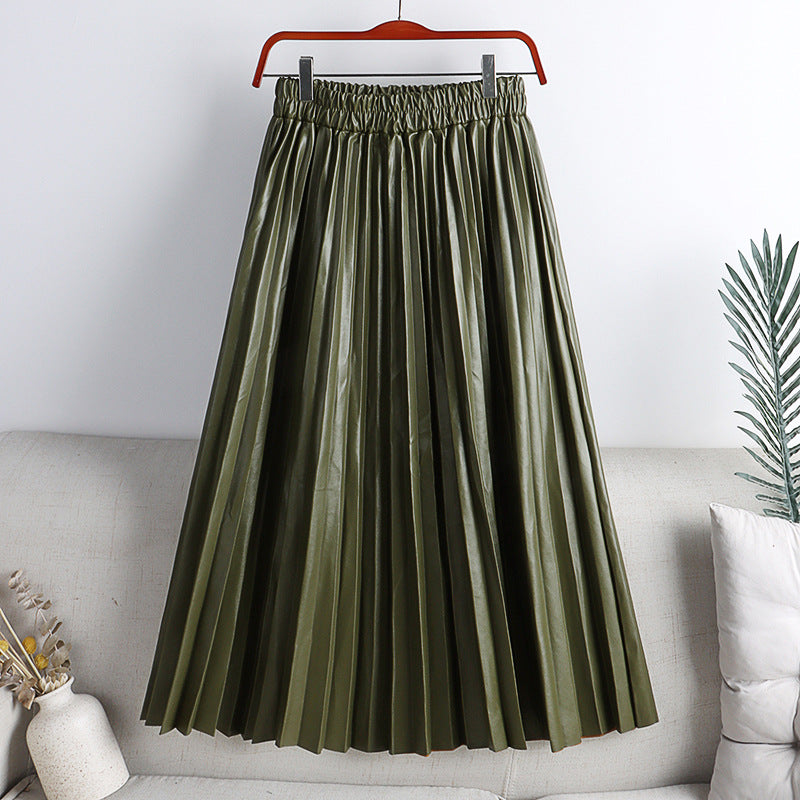 Solid Color Mid-length High Waist PU Leather Pleated Skirt For Women