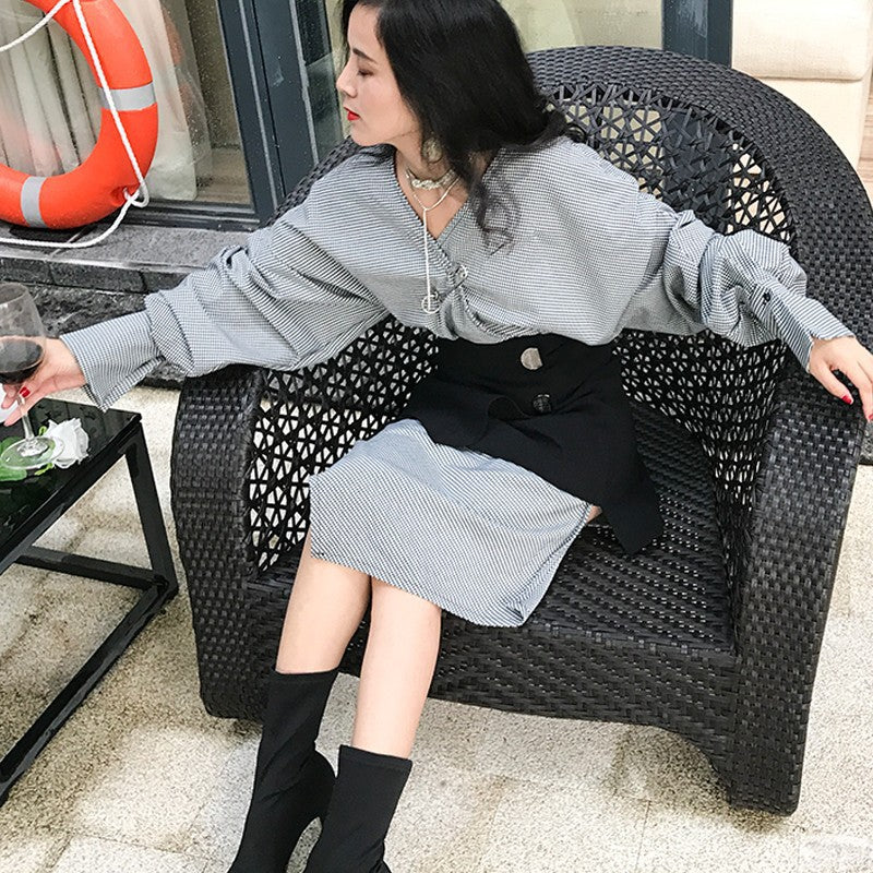 Irregular Cut V-neck Fashionable Suit Dress Women's Long Sleeve Skirt Two-piece Set