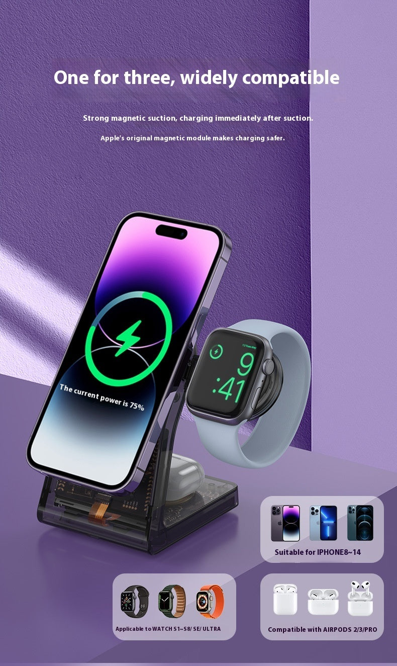 Transparent three-in-one wireless charger electromagnet stand