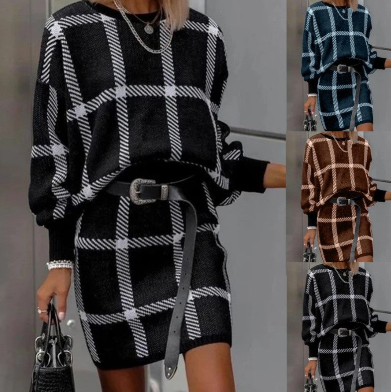 Large Plaid Pullover Long Sleeve Woolen Skirt Suit Two-piece Set