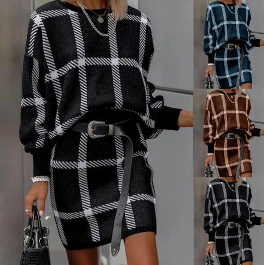 Large Plaid Pullover Long Sleeve Woolen Skirt Suit Two-piece Set