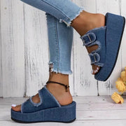 Mode Denim Schnalle Keile Sandalen High Heel Dicke Sohle Schuhe für Frauen