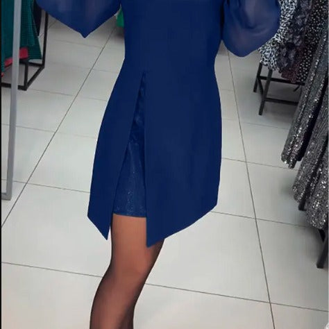 Retro Crew Neck Puff Sleeve Fake Two-piece Waist-tight Dress