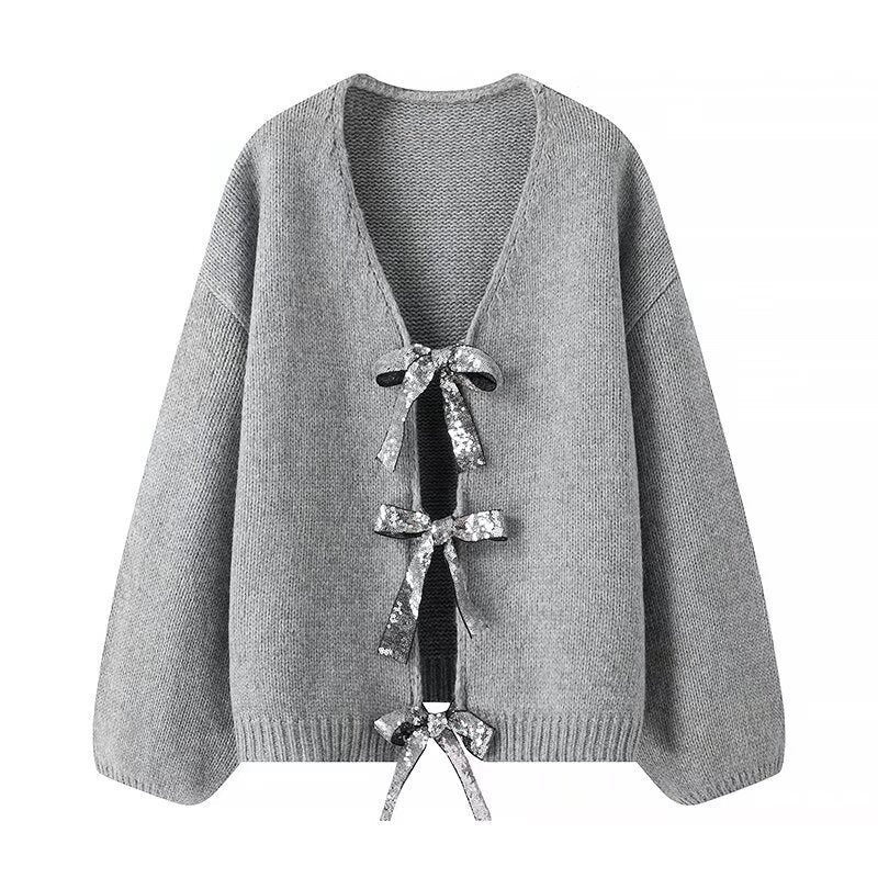 Damen Pailletten-Bowknot-Dekoration loser Strickpullover