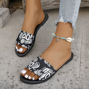 Neue Mode Graffiti Print Sandalen für Frauen Sommer Runde Zehe Niedrigen Absatz Flache Hausschuhe für Frauen Gleitet Beiläufige Strand Schuhe