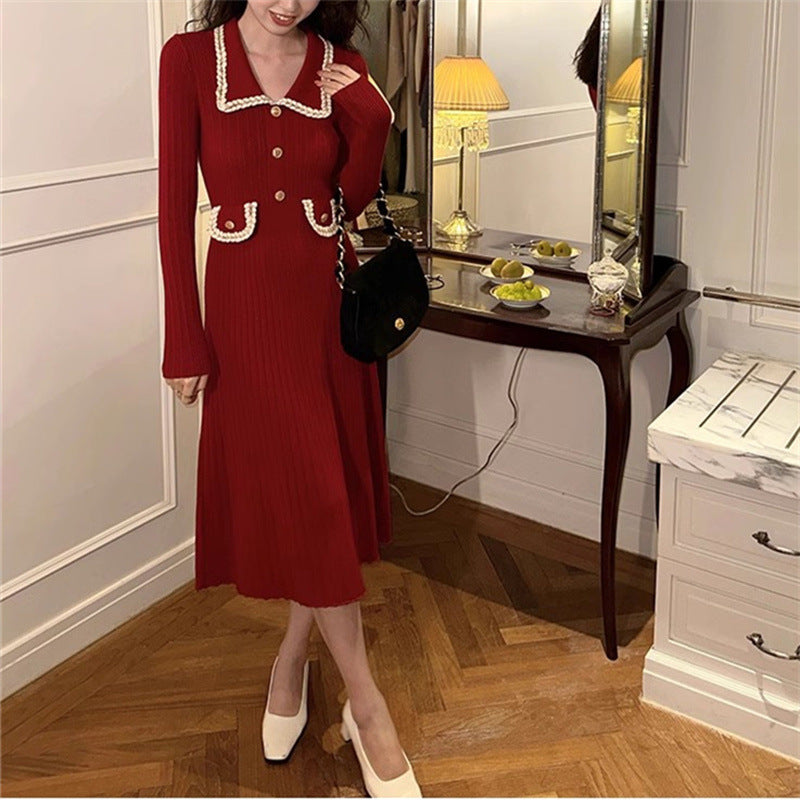 Lapel Slimming Knitted Women's Base Dress