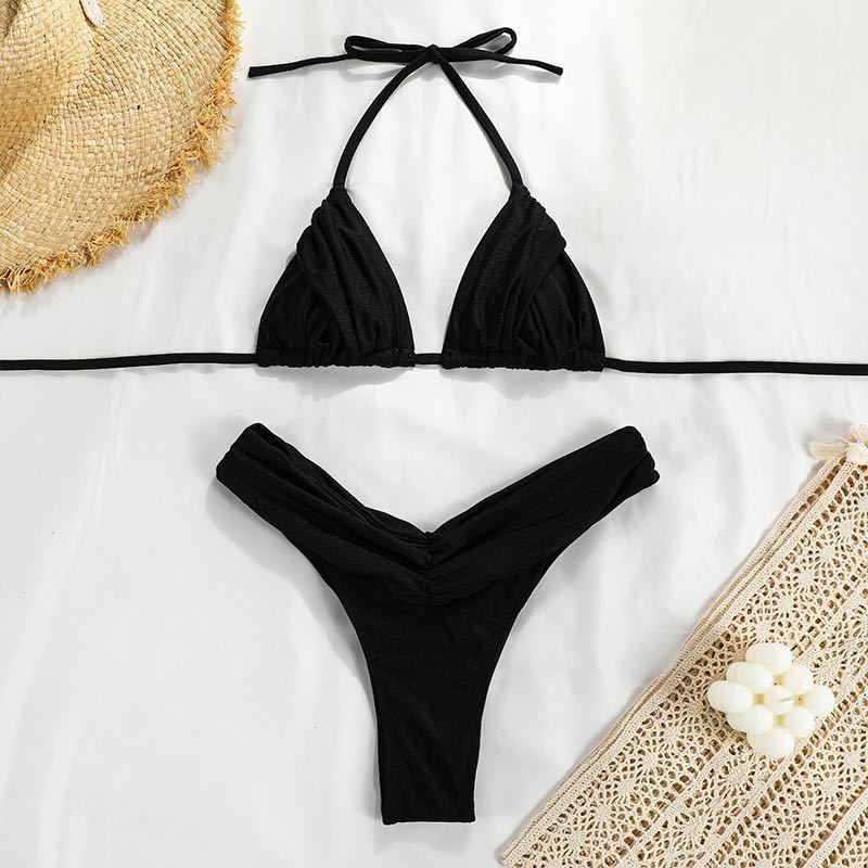 Solid Color Pleated Bikini