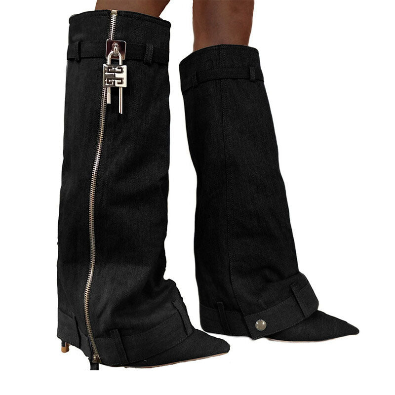 Pointed Toe Fashion Metal Buckle Flanging Zipper High Leg Boot