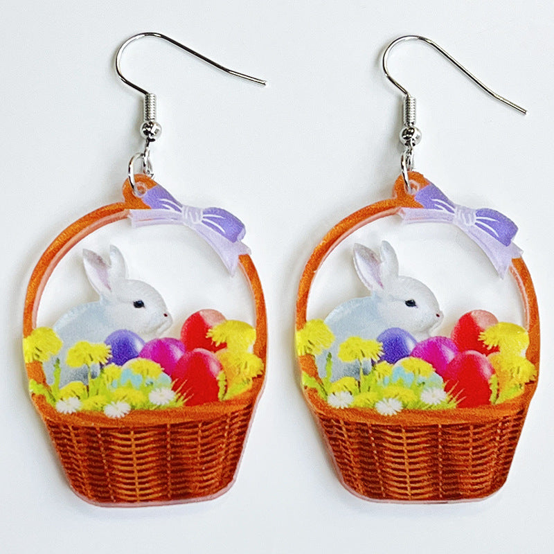 Easter Rabbit Flower Basket Cute Printed Egg Chick Spring Floral Earrings