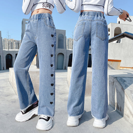 Girls Denim Funky Casual Love Wide Leg Pants