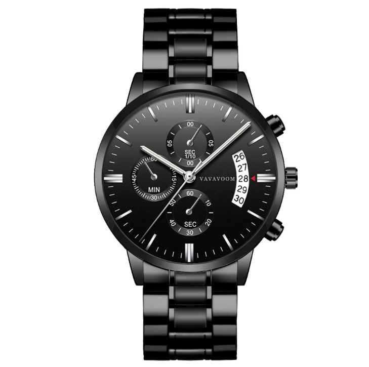 Stainless Steel Watch Calendar Quartz Watches Waterproof Black Finished